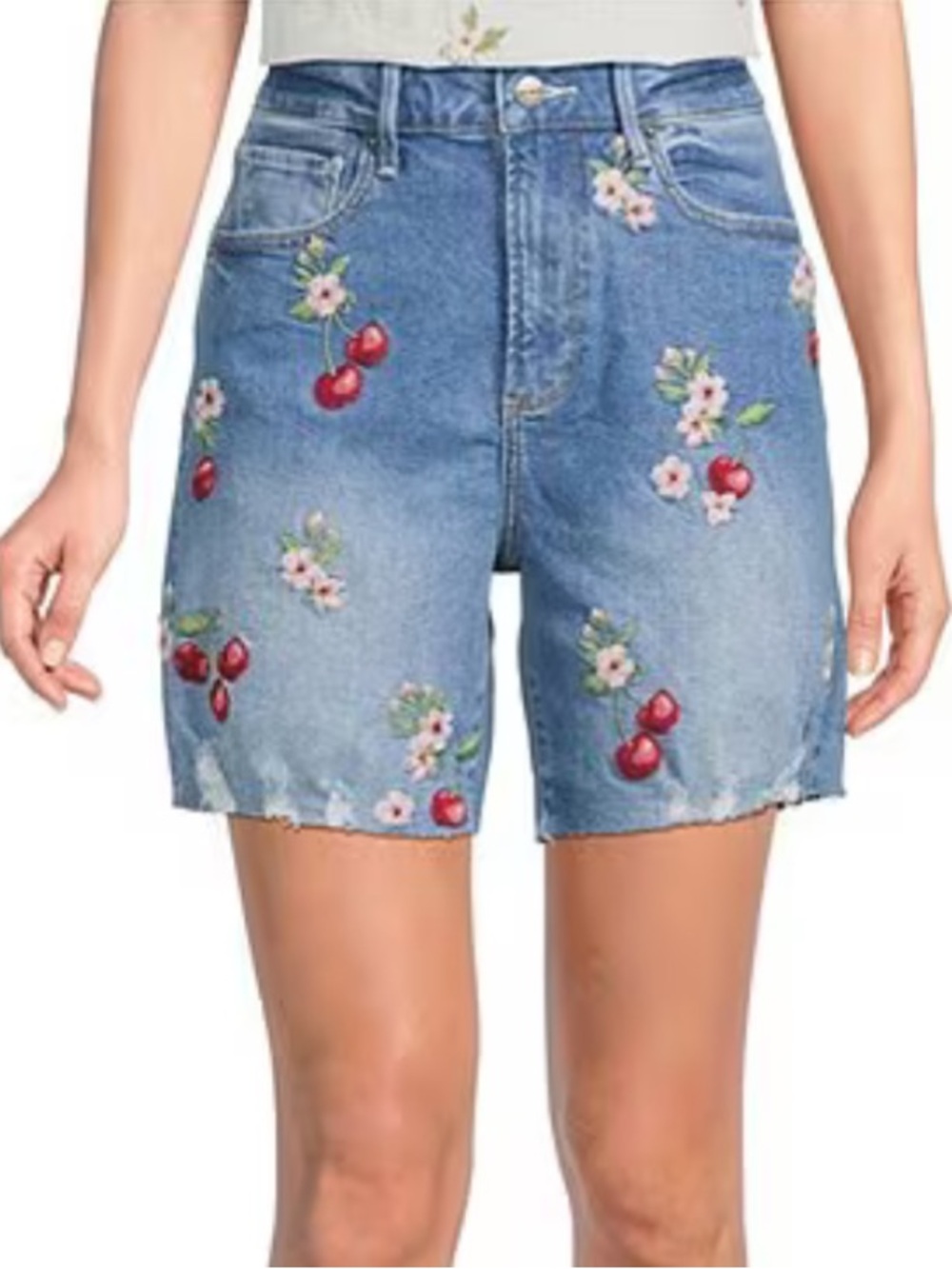 Driftwood Women 25 Cayla X Cherry On Top Stretch Denim Embroidered Shorts NWT